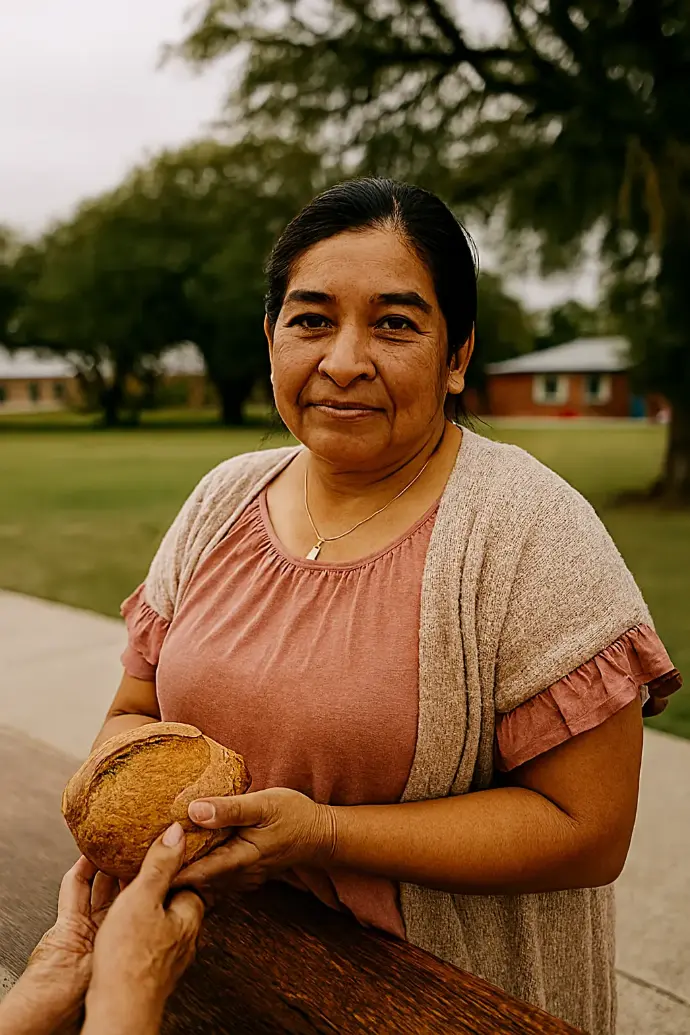 Mujer cristiana compartiendo el pan con personas necesitadas, símbolo de compasión y servicio espiritual.