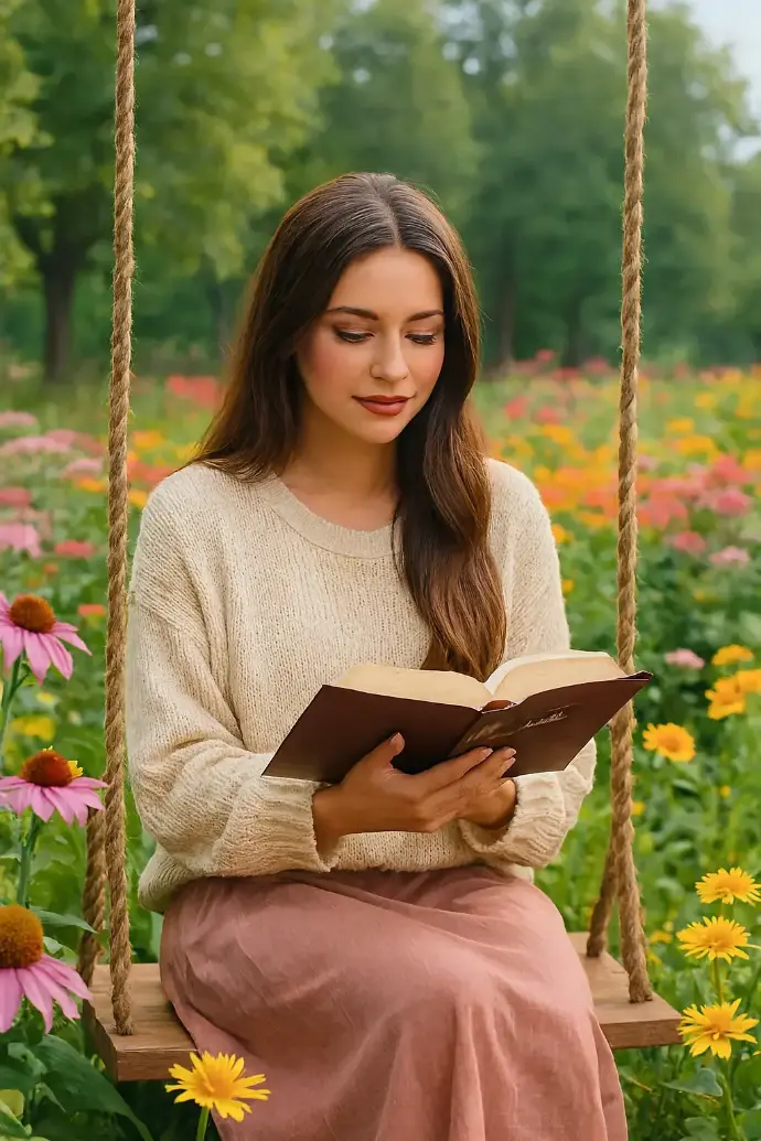 Mujer cristiana leyendo la Biblia en un jardín florido, símbolo de fe que transforma y plenitud espiritual.